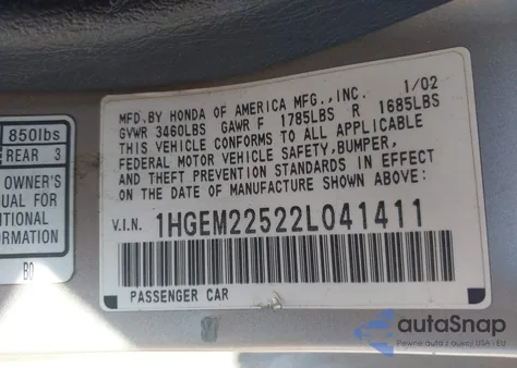 2002 Honda Civic Lx from USA, damaged, VIN 1HGEM22522L041411